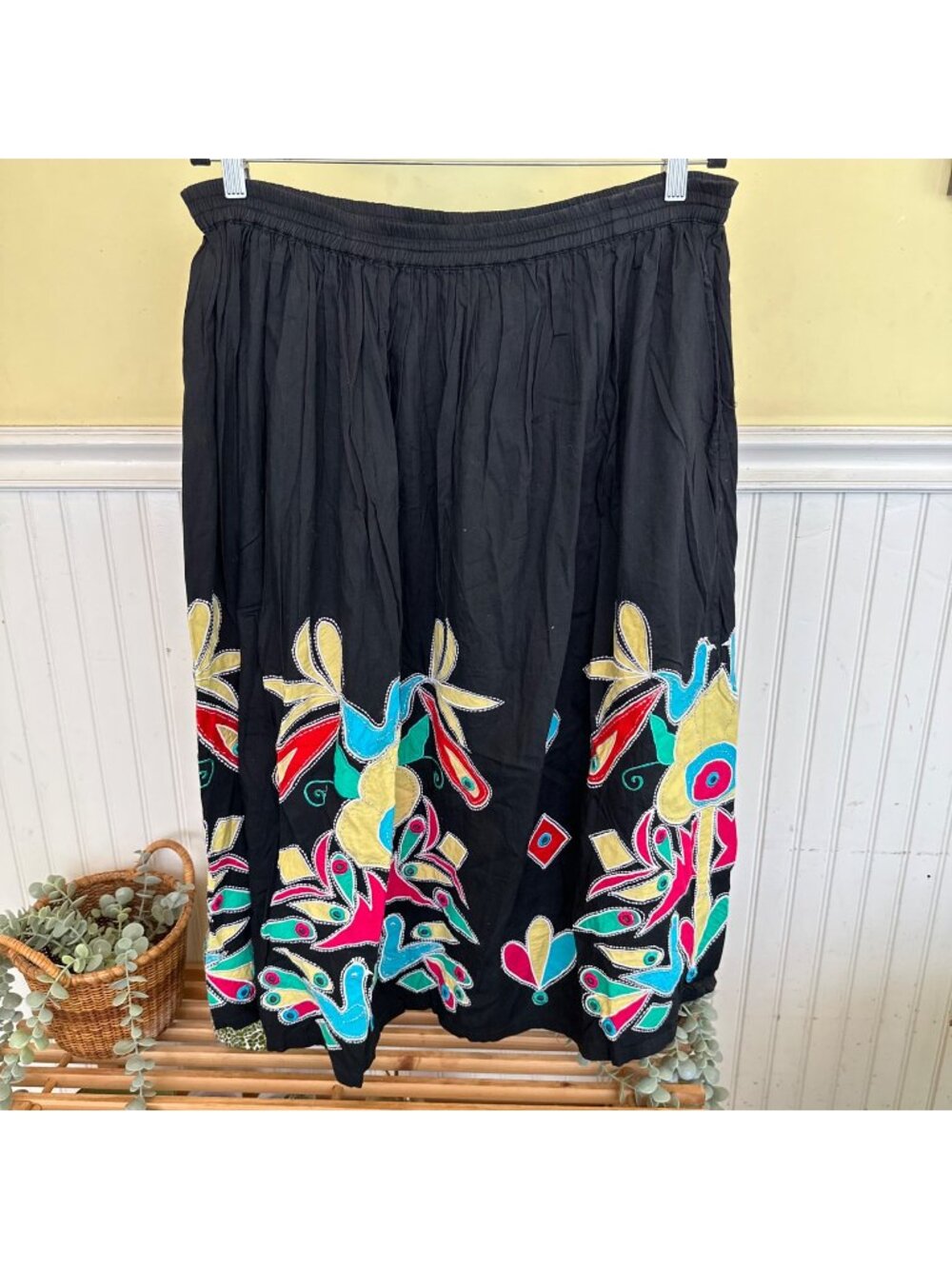 For You Black Maxi Skirt With Multicolor Embroidery Elastic Waist Size 1X Cotton